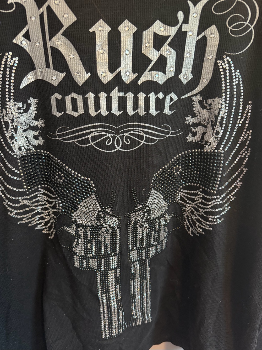 Rush Couture Rhinestone Winged Pistols Thermal Shirt Black XL - Picture 2 of 8